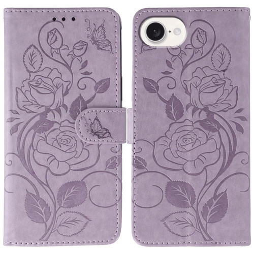 iPhone 16e / 17e Rose Butterfly Embossed Leather Phone Case - Purple