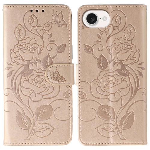iPhone 16e / 17e Rose Butterfly Embossed Leather Phone Case - Rose Gold