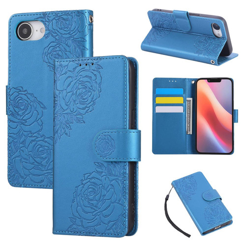 iPhone 16e / 17e Rose Flower Embossed 3-Card Slots Leather Phone Case - Blue