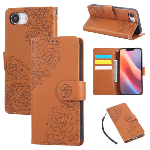 iPhone 16e / 17e Rose Flower Embossed 3-Card Slots Leather Phone Case - Brown