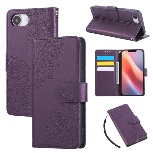 iPhone 16e / 17e Rose Flower Embossed 3-Card Slots Leather Phone Case - Deep Purple