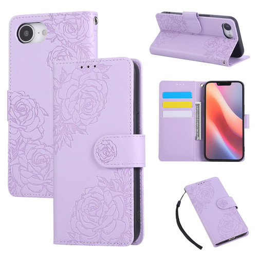 iPhone 16e / 17e Rose Flower Embossed 3-Card Slots Leather Phone Case - Purple