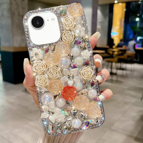 iPhone 16e / 17e Rose Hand-set Pearl Diamond PC Phone Case - Apricot