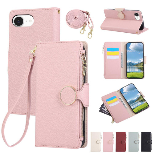 iPhone 16e / 17e Round Buckle Zipper Wallet Leather Phone Case with Crossbody Strap - Pink