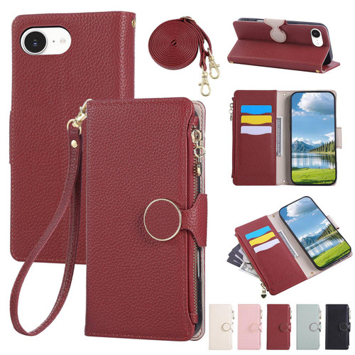 iPhone 16e / 17e Round Buckle Zipper Wallet Leather Phone Case with Crossbody Strap - Red