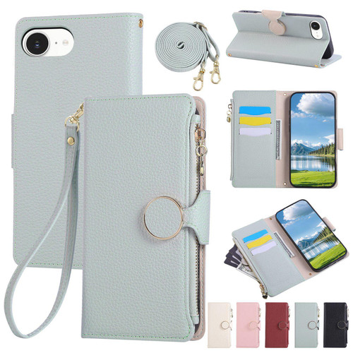 iPhone 16e / 17e Round Buckle Zipper Wallet Leather Phone Case with Crossbody Strap - Sky Blue