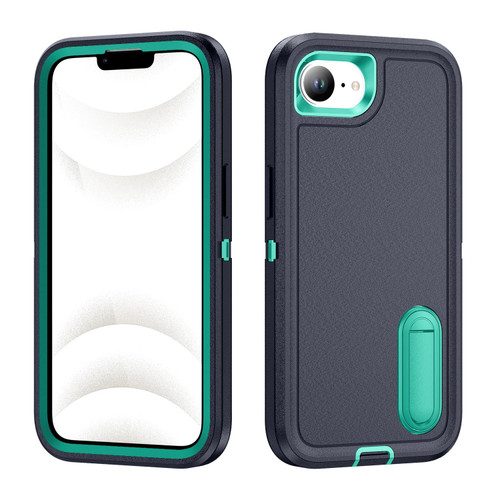iPhone 16e / 17e Rugged PC + Silicone Phone Case with Holder - Dark Blue+Light Green
