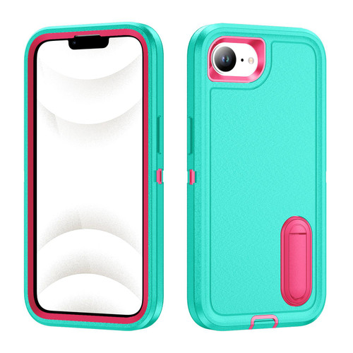 iPhone 16e / 17e Rugged PC + Silicone Phone Case with Holder - Light Green+Rose Red