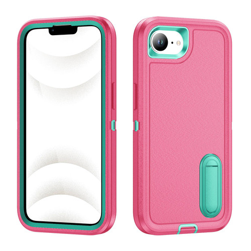 iPhone 16e / 17e Rugged PC + Silicone Phone Case with Holder - Rose Red+Light Green