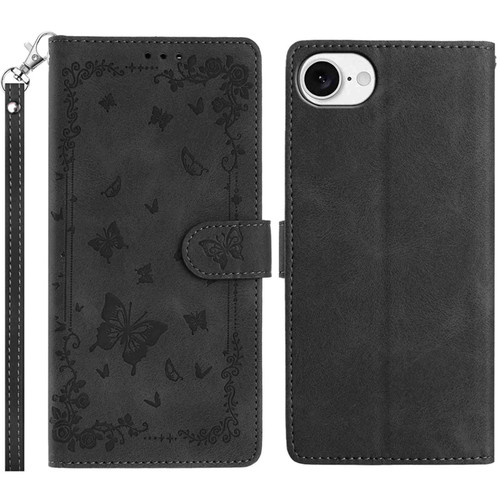 iPhone 16e / 17e Secret Garden Butterfly Pattern Leather Phone Case - Black