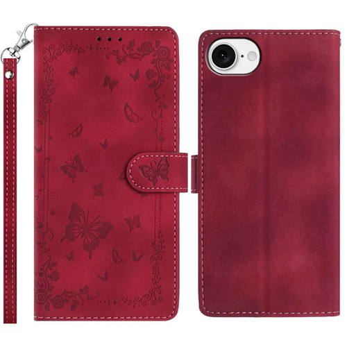 iPhone 16e / 17e Secret Garden Butterfly Pattern Leather Phone Case - Red
