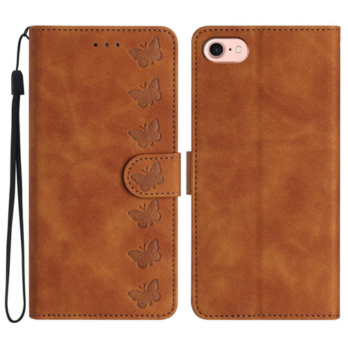 iPhone 16e / 17e Seven Butterflies Embossed Leather Phone Case - Brown