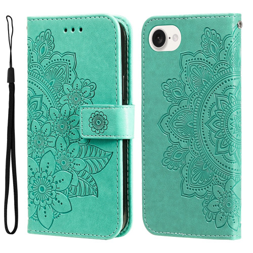 iPhone 16e / 17e Seven-petal Flowers Embossing Leather Phone Case - Green