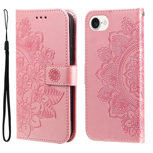 iPhone 16e / 17e Seven-petal Flowers Embossing Leather Phone Case - Rose Gold