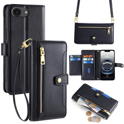 iPhone 16e / 17e Sheep Texture Cross-body Zipper Wallet Leather Phone Case - Black