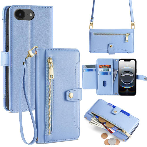 iPhone 16e / 17e Sheep Texture Cross-body Zipper Wallet Leather Phone Case - Blue