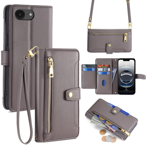 iPhone 16e / 17e Sheep Texture Cross-body Zipper Wallet Leather Phone Case - Grey