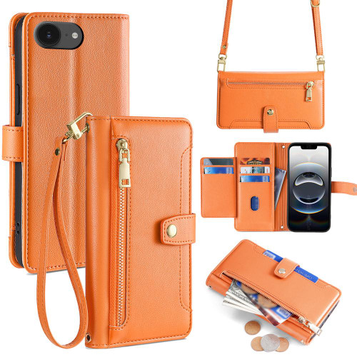 iPhone 16e / 17e Sheep Texture Cross-body Zipper Wallet Leather Phone Case - Orange