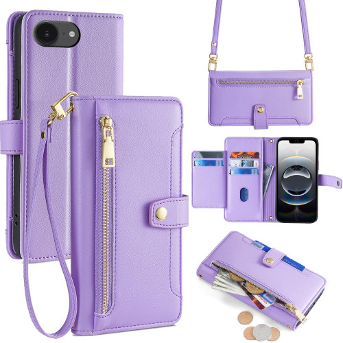iPhone 16e / 17e Sheep Texture Cross-body Zipper Wallet Leather Phone Case - Purple