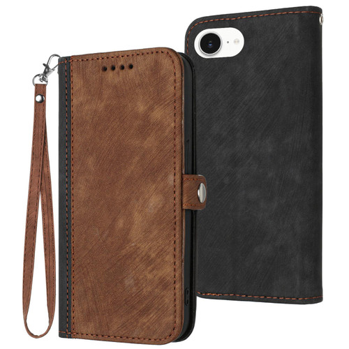 iPhone 16e / 17e Side Buckle Double Fold Hand Strap Leather Phone Case - Brown