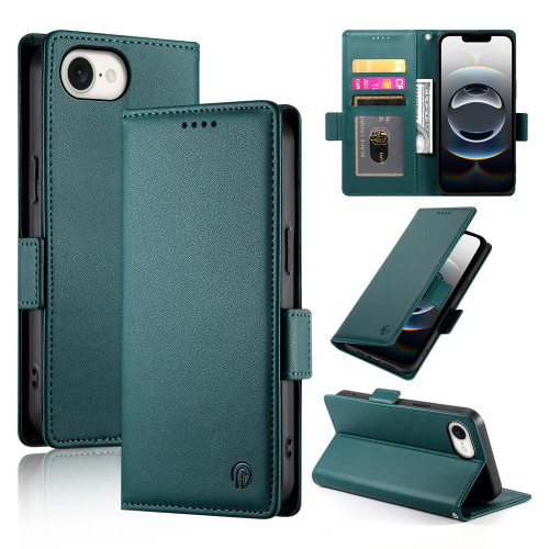 iPhone 16e / 17e Side Buckle Magnetic Frosted Leather Phone Case - Dark Green