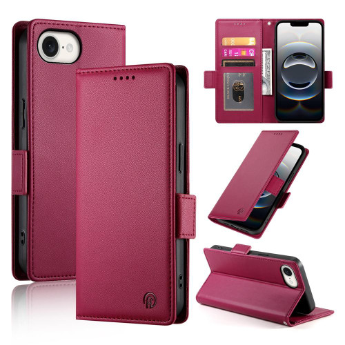 iPhone 16e / 17e Side Buckle Magnetic Frosted Leather Phone Case - Wine Red
