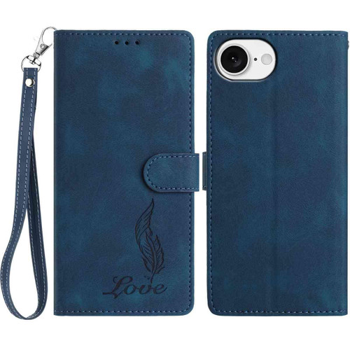 iPhone 16e / 17e Skin Feel Embossed Feather Leather Phone Case - Dark Blue