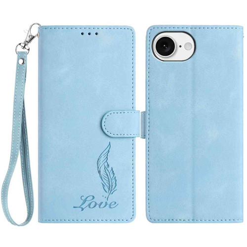 iPhone 16e / 17e Skin Feel Embossed Feather Leather Phone Case - Light Blue