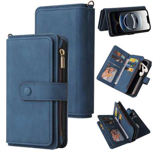 iPhone 16e / 17e Skin Feel Multi Card Slots Zipper Wallet Leather Phone Case - Blue