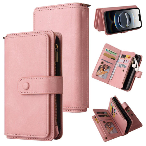 iPhone 16e / 17e Skin Feel Multi Card Slots Zipper Wallet Leather Phone Case - Pink