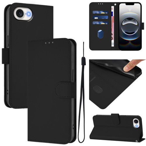 iPhone 16e / 17e Skin Feel Solid Color Leather Phone Case with Lanyard - Black