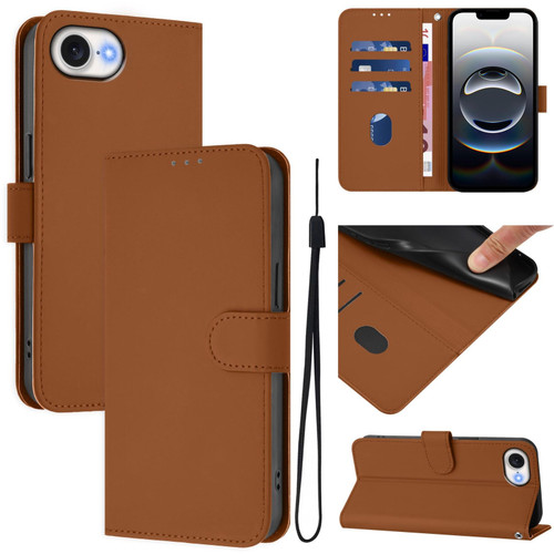 iPhone 16e / 17e Skin Feel Solid Color Leather Phone Case with Lanyard - Brown