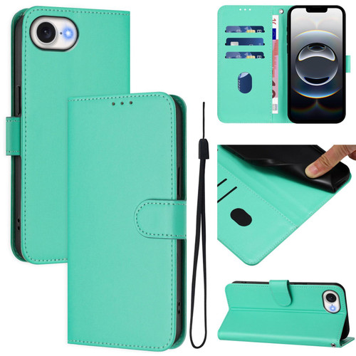 iPhone 16e / 17e Skin Feel Solid Color Leather Phone Case with Lanyard - Green