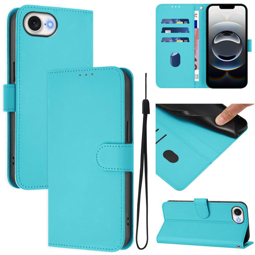 iPhone 16e / 17e Skin Feel Solid Color Leather Phone Case with Lanyard - Lake Blue