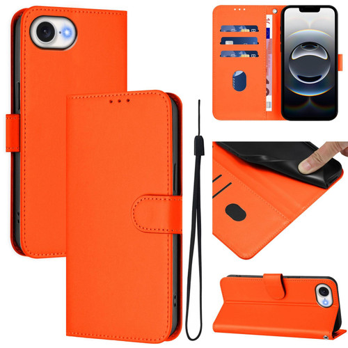 iPhone 16e / 17e Skin Feel Solid Color Leather Phone Case with Lanyard - Orange