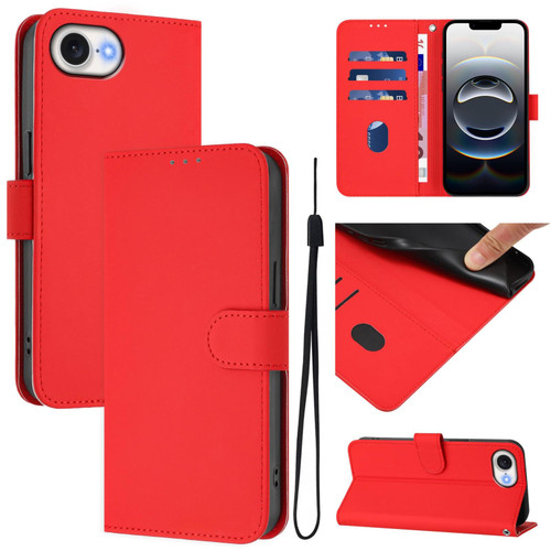 iPhone 16e / 17e Skin Feel Solid Color Leather Phone Case with Lanyard - Red