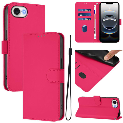 iPhone 16e / 17e Skin Feel Solid Color Leather Phone Case with Lanyard - Rose Red