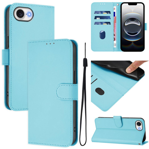 iPhone 16e / 17e Skin Feel Solid Color Leather Phone Case with Lanyard - Sky Blue