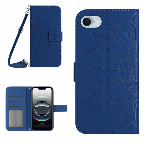 iPhone 16e / 17e Skin Feel Sun Flower Embossed Flip Leather Phone Case with Lanyard - Dark Blue