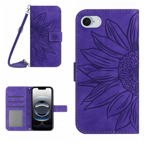 iPhone 16e / 17e Skin Feel Sun Flower Embossed Flip Leather Phone Case with Lanyard - Dark Purple