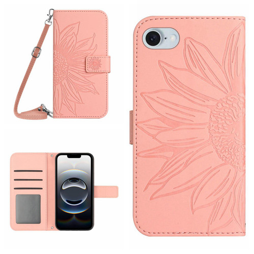iPhone 16e / 17e Skin Feel Sun Flower Embossed Flip Leather Phone Case with Lanyard - Pink