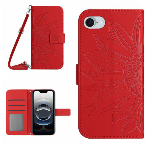 iPhone 16e / 17e Skin Feel Sun Flower Embossed Flip Leather Phone Case with Lanyard - Red