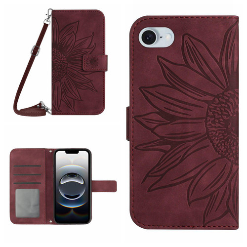 iPhone 16e / 17e Skin Feel Sun Flower Embossed Flip Leather Phone Case with Lanyard - Wine Red