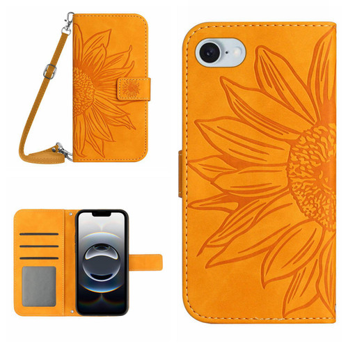 iPhone 16e / 17e Skin Feel Sun Flower Embossed Flip Leather Phone Case with Lanyard - Yellow