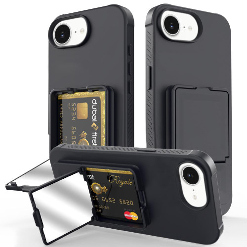 iPhone 16e / 17e Skin Feel TPU Hidden Mirror Card Bag Phone Case with Stand - Black