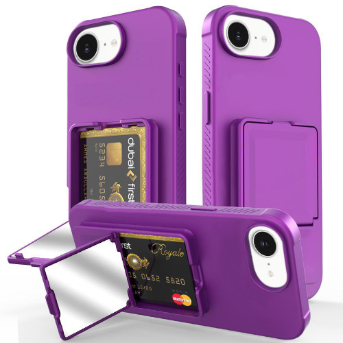 iPhone 16e / 17e Skin Feel TPU Hidden Mirror Card Bag Phone Case with Stand - Dark Purple