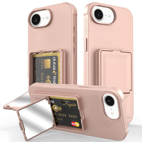 iPhone 16e / 17e Skin Feel TPU Hidden Mirror Card Bag Phone Case with Stand - Pink