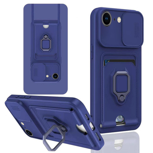 iPhone 16e / 17e Sliding Camshield Magnetic Card Holder Silicone Phone Case - Navy Blue