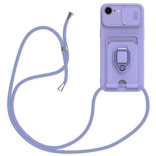 iPhone 16e / 17e Sliding Camshield Magnetic Card Holder Silicone Phone Case with Lanyard - Light Purple
