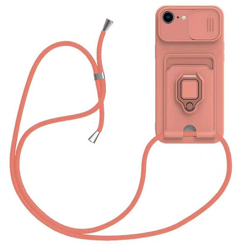 iPhone 16e / 17e Sliding Camshield Magnetic Card Holder Silicone Phone Case with Lanyard - Pink